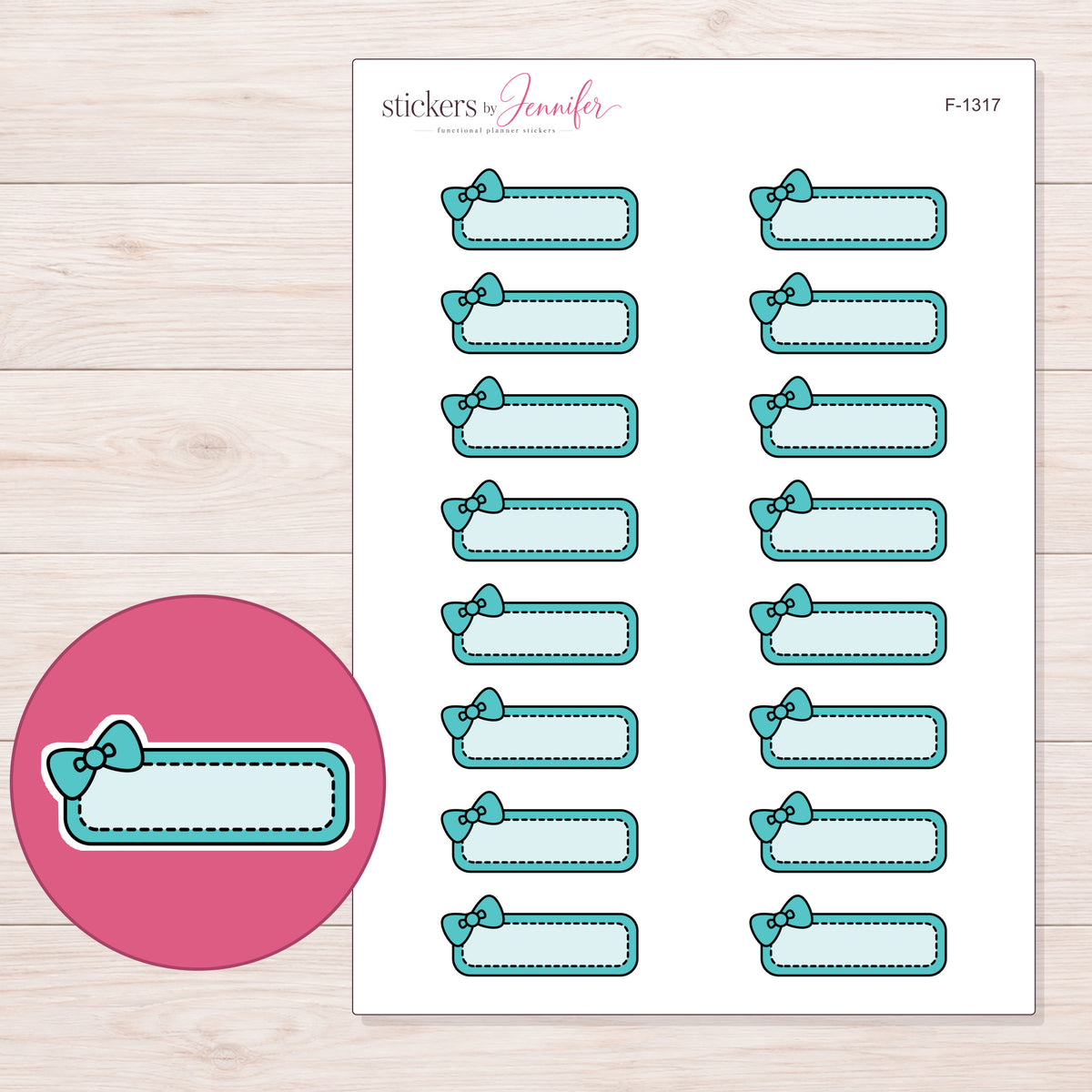 Teal Bow Quarter Box Label Planner Stickers | F-1317 — 5 × 7 inch sheet and enlarged sticker detail