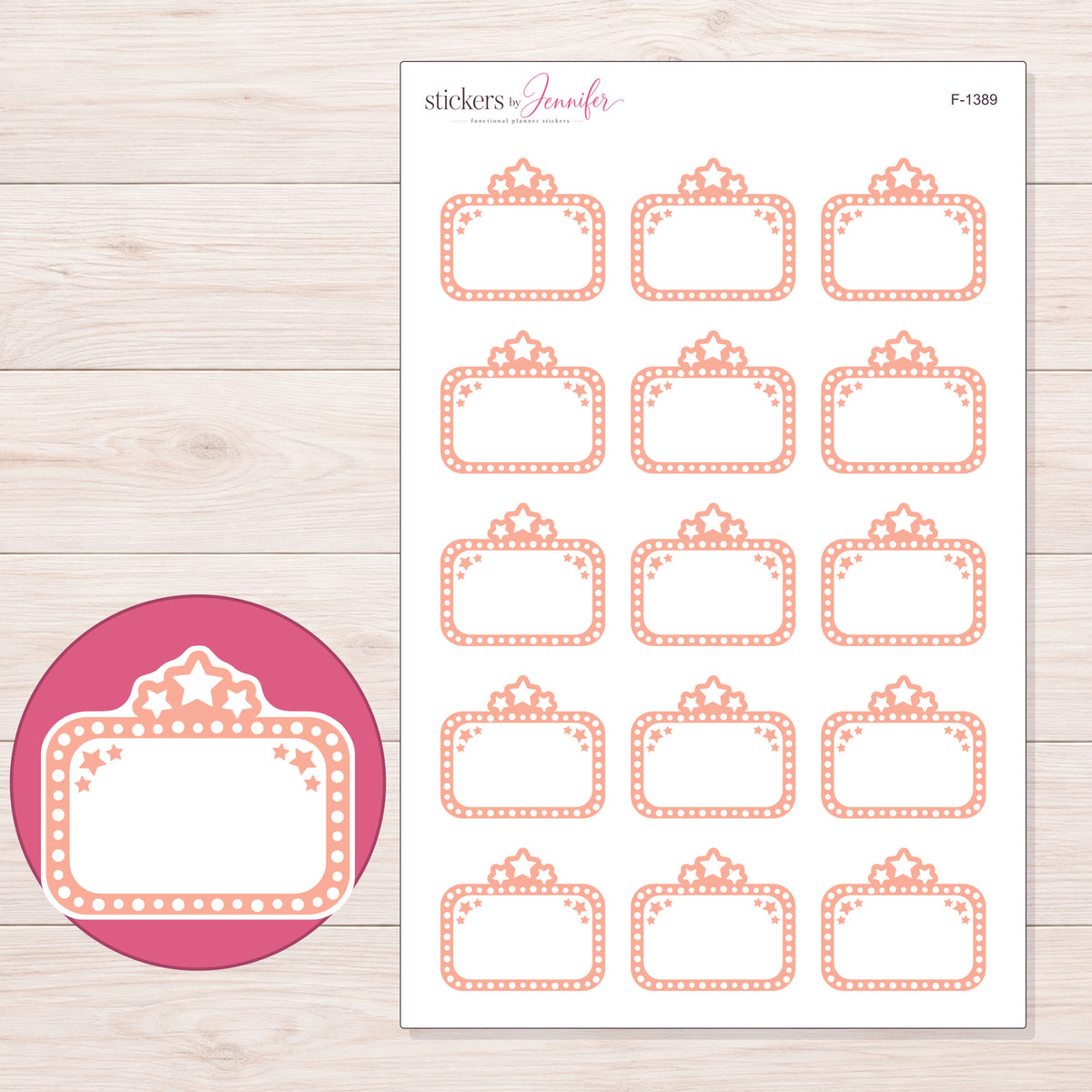 F-1389 planner sticker sheet with enlarged sticker detail
