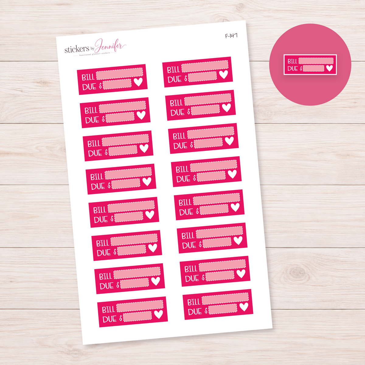 Hot Pink Bill Due Label Planner Stickers | F-147
