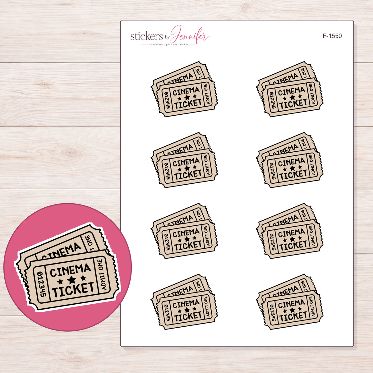 Cinema Ticket Pair Planner Stickers | F-1550 — 5 × 7 inch sheet and enlarged sticker detail