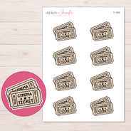 Cinema Ticket Pair Planner Stickers | F-1550 — 5 × 7 inch sheet and enlarged sticker detail