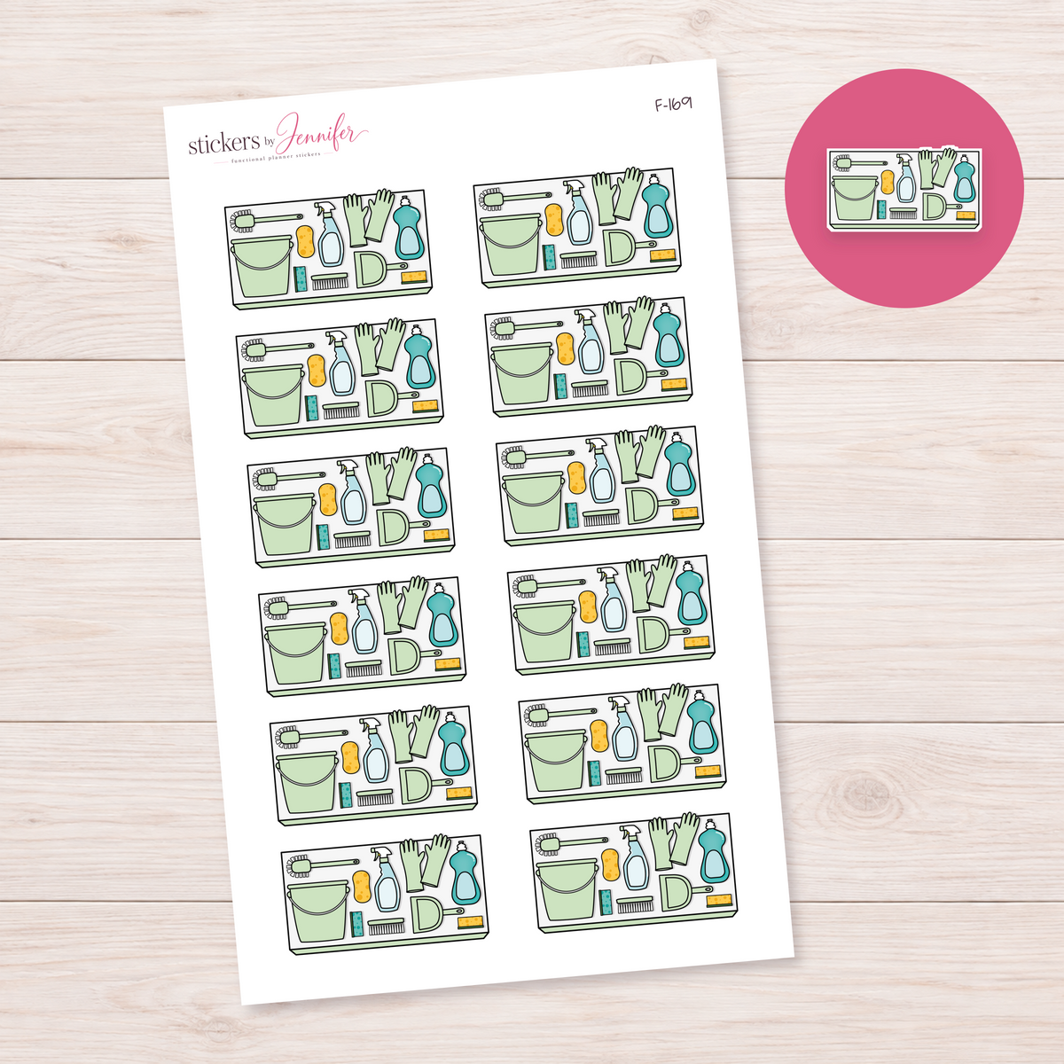 Pale Green Cleaning Supplies Planner Stickers | F-169