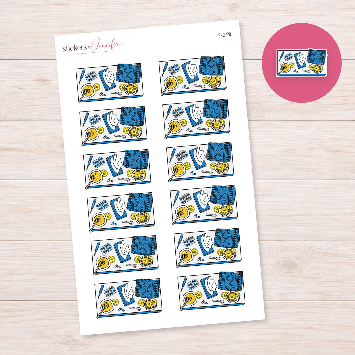 Blue Sick Day Flat Lay Planner Stickers | F-291