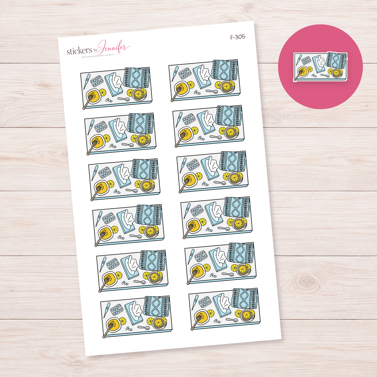 Pale Blue Sick Day Flat Lay Planner Stickers | F-305
