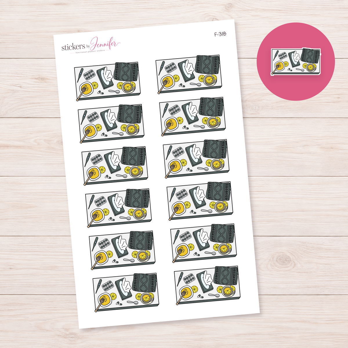 Charcoal Sick Day Flat Lay Planner Stickers | F-318