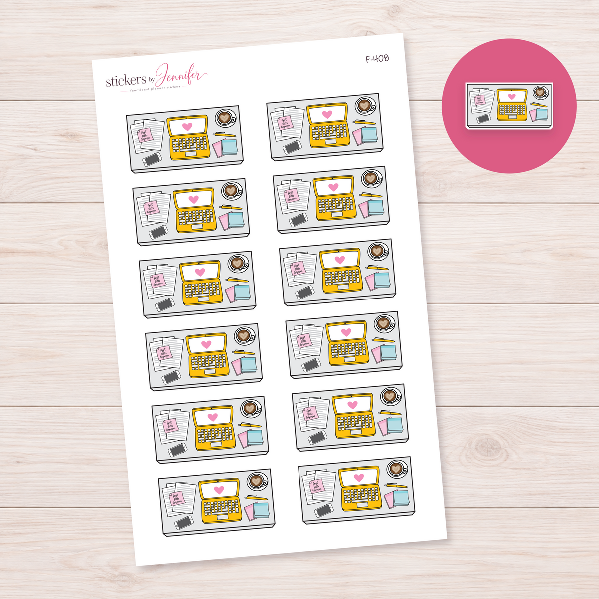 Yellow Laptop Desk Flat Lay Planner Stickers | F-408