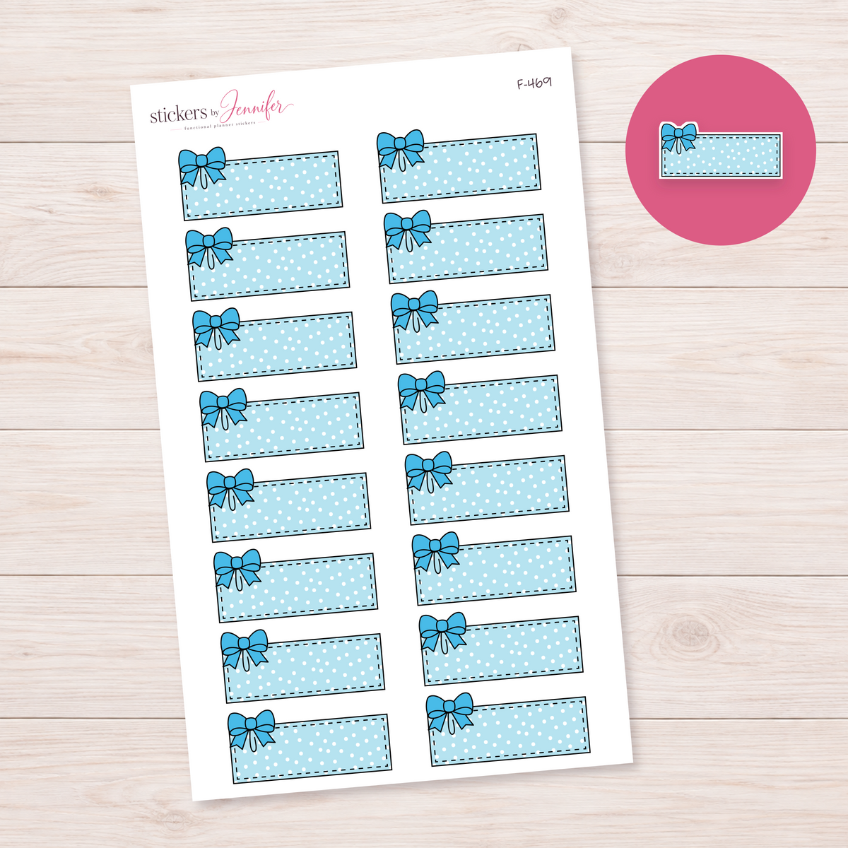 Sky Blue Polka Dot Bow Label Planner Stickers | F-469
