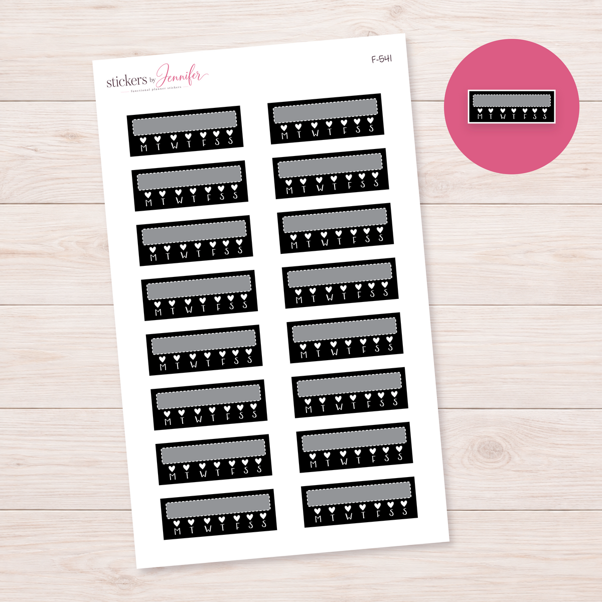 Black Weekly Heart Habit Tracker Planner Stickers | F-541