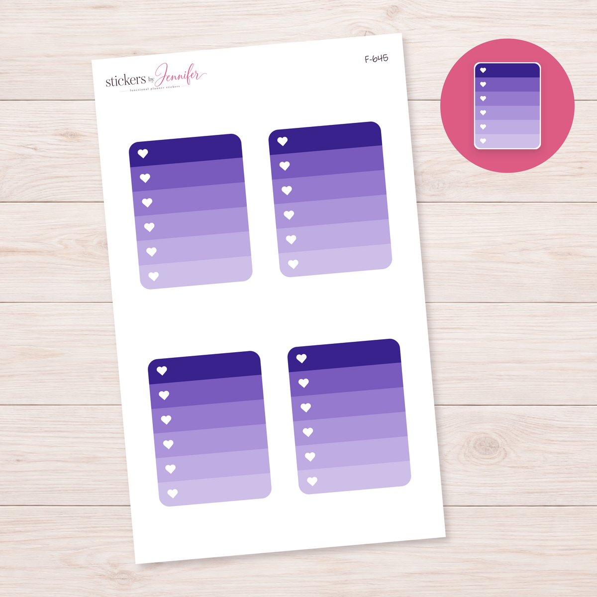 Deep Purple Ombre Heart Checklist Planner Stickers | F-645