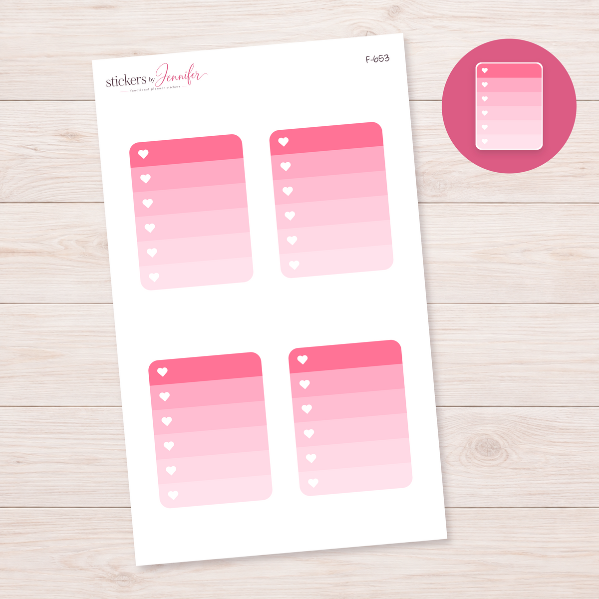 Hot Pink Ombre Heart Checklist Planner Stickers | F-653