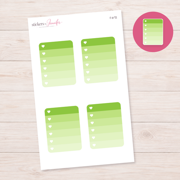 Apple Green Ombre Heart Checklist Planner Stickers | F-672