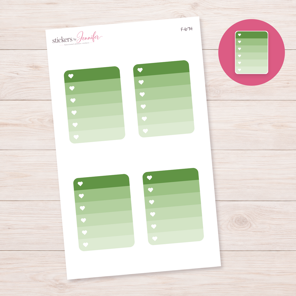 Sage Green Ombre Heart Checklist Planner Stickers | F-674