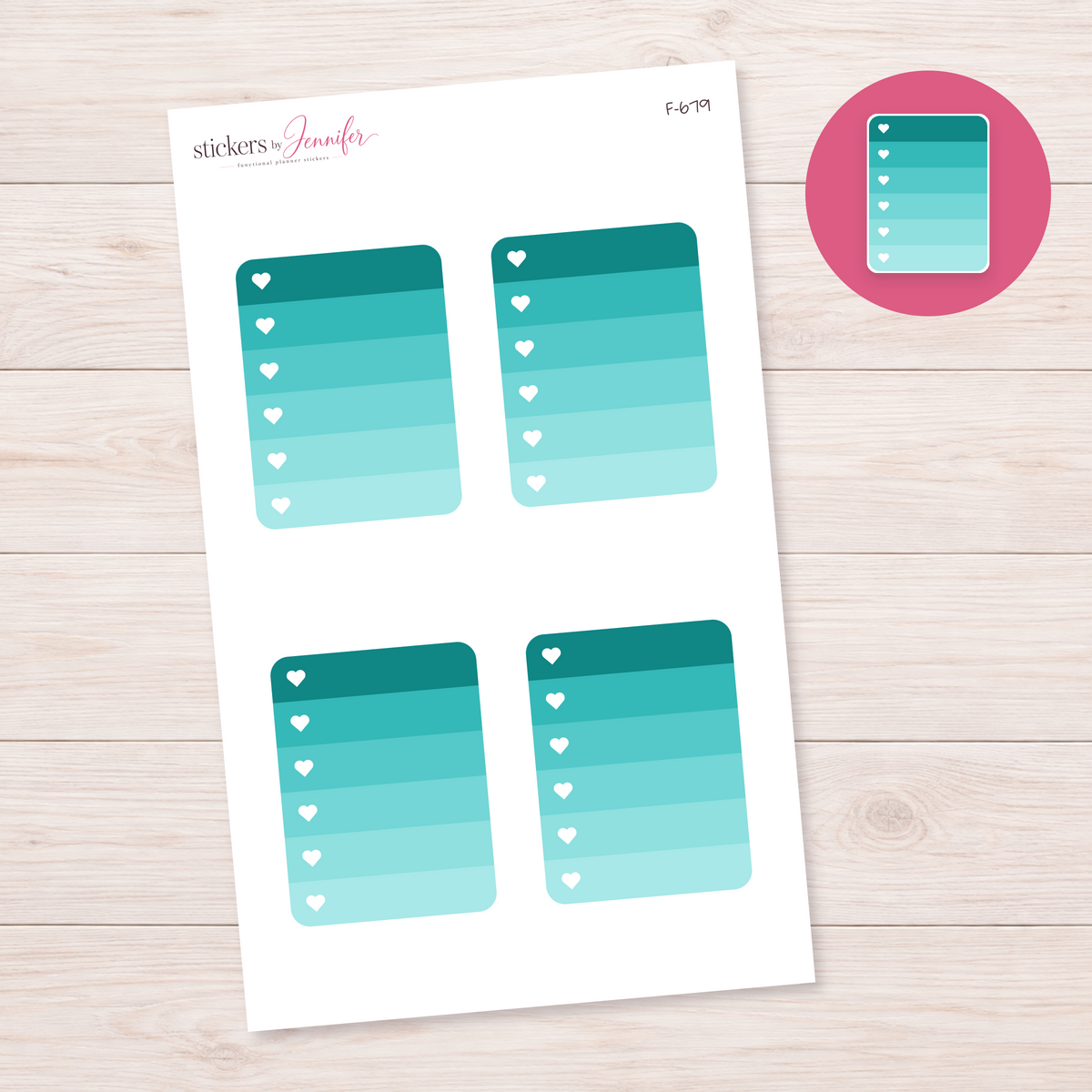 Turquoise Ombre Heart Checklist Planner Stickers | F-679