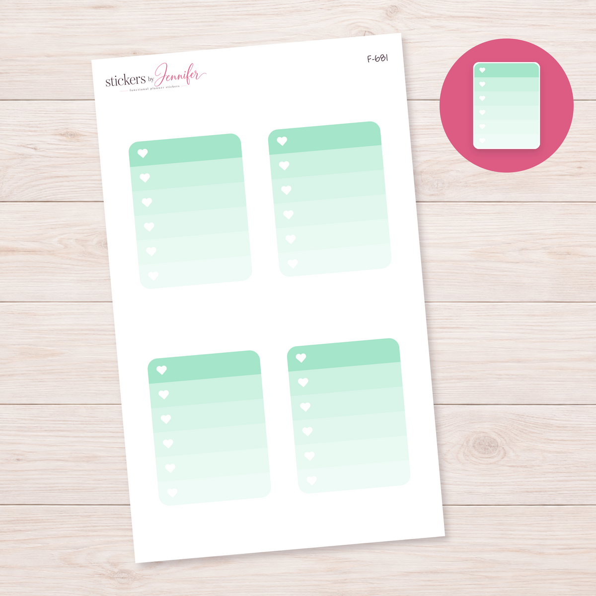 Mint Ombre Heart Checklist Planner Stickers | F-681