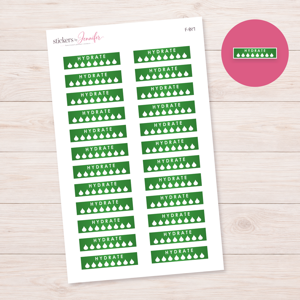 Forest Green Hydrate Strip Planner Stickers | F-817