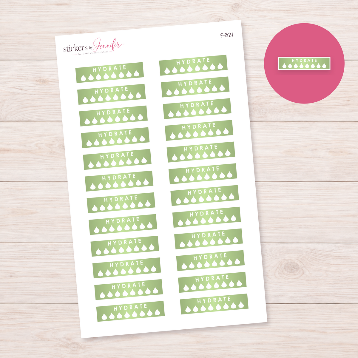 Sage Green Hydrate Strip Planner Stickers | F-821