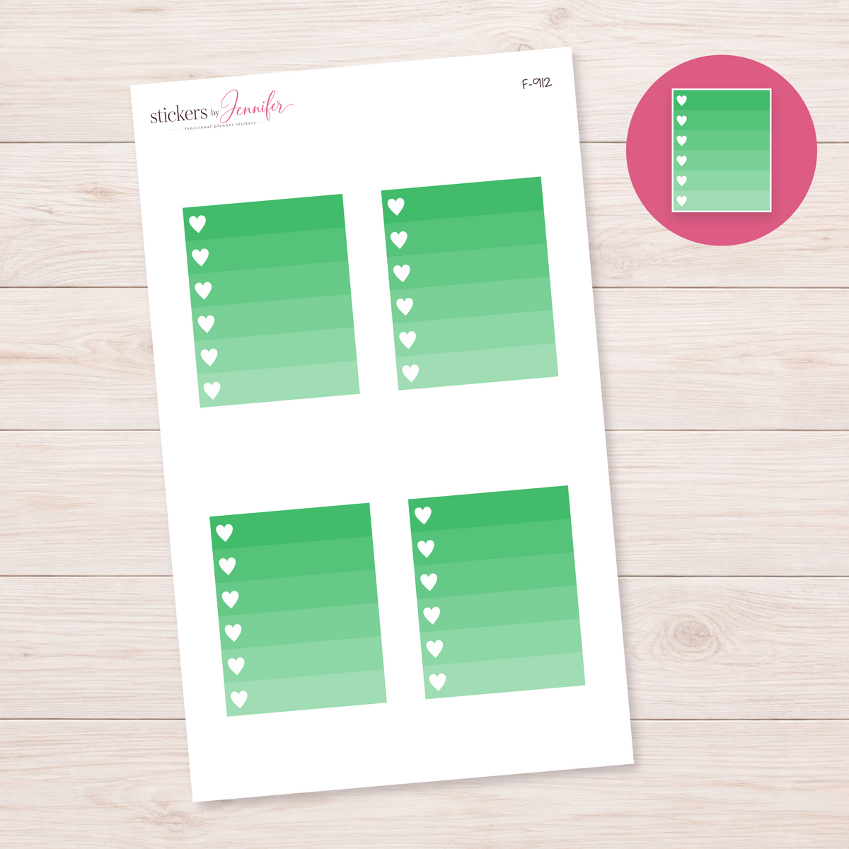 Green Ombre Heart Task Box Planner Stickers | F-912