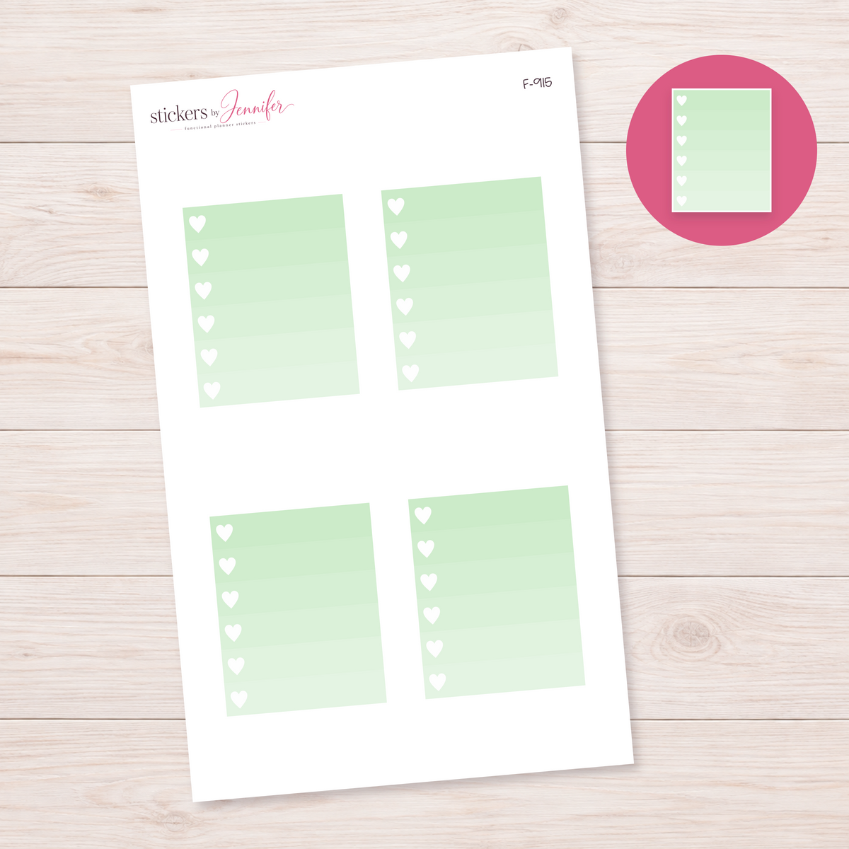 Pale Green Ombre Heart Task Box Planner Stickers | F-915
