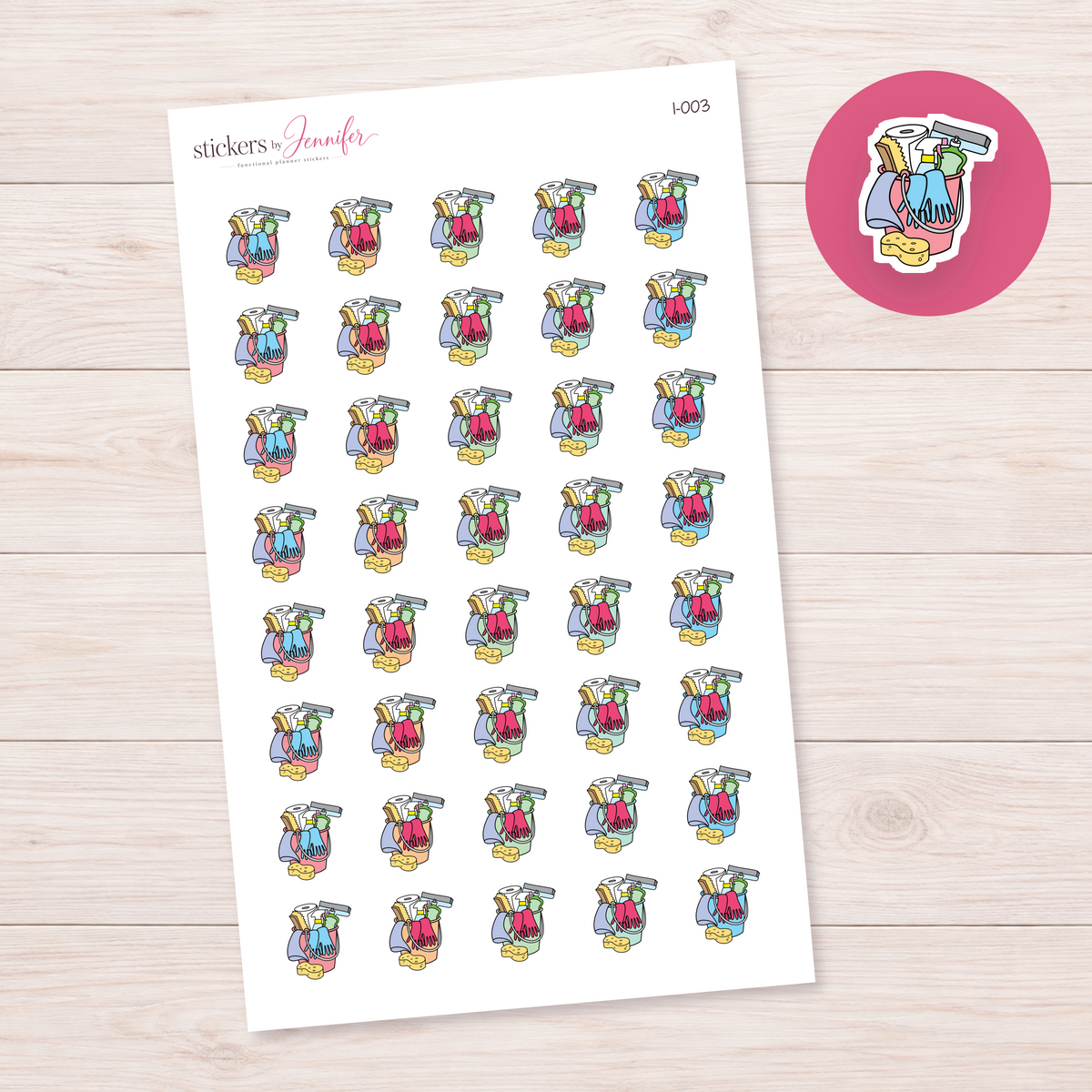 Pink Cleaning Supplies Bucket Planner Stickers | I-003