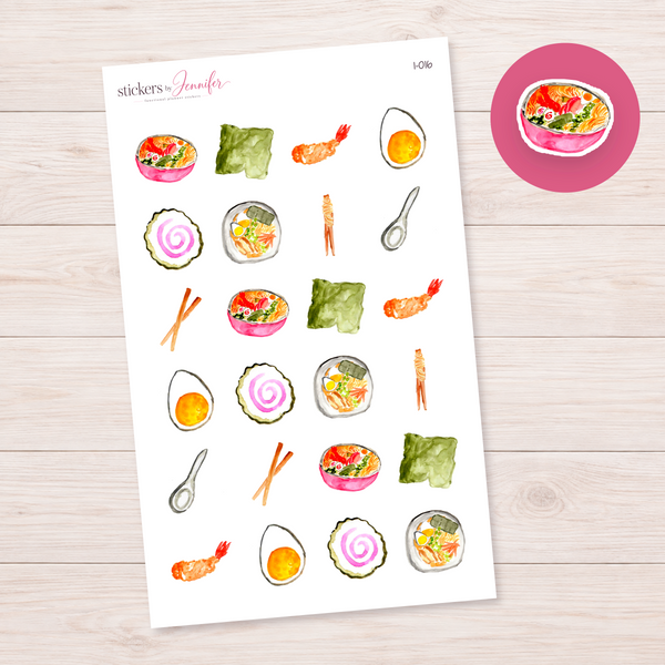Watercolor Ramen Bowl Planner Stickers | I-016