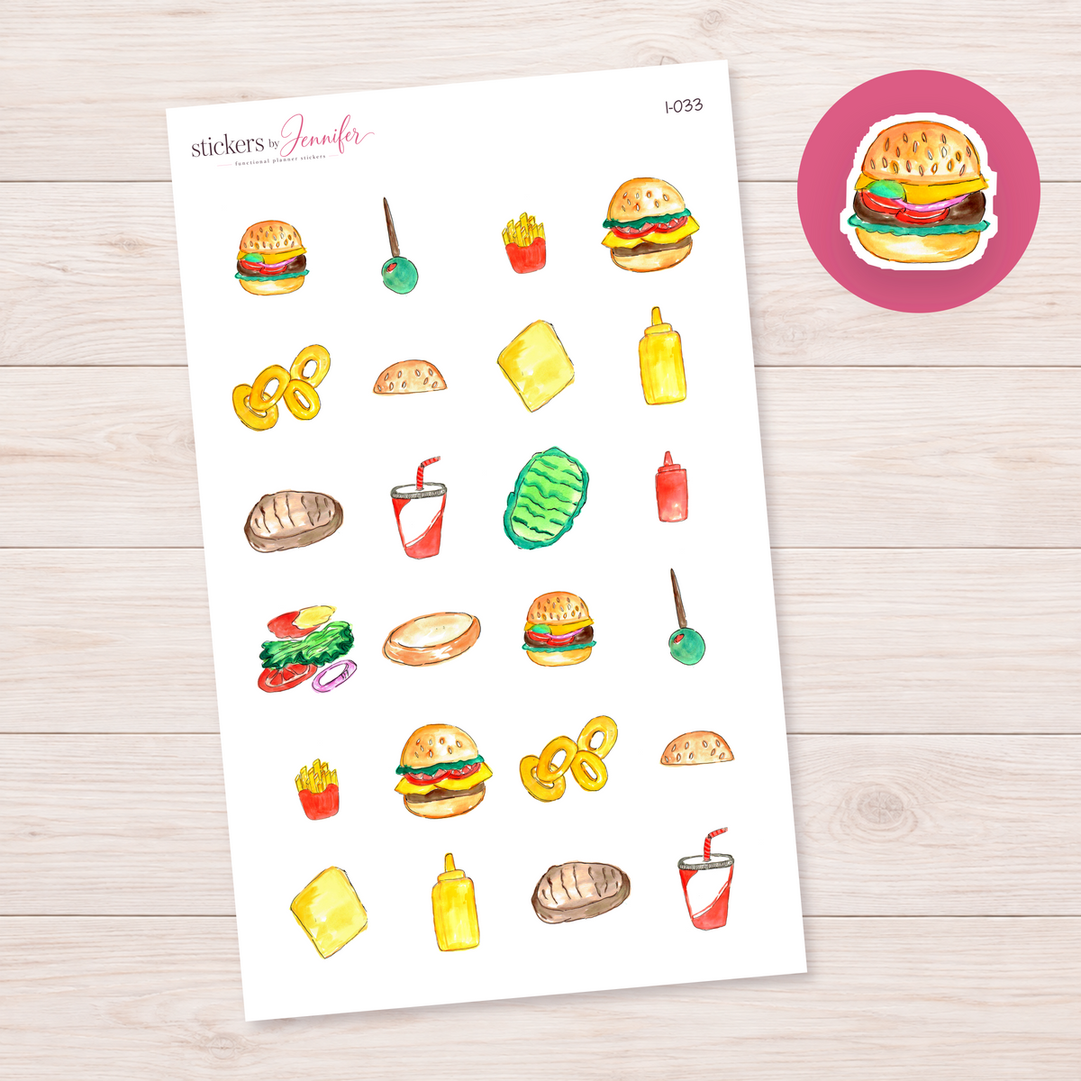 Watercolor Cheeseburger Planner Stickers | I-033