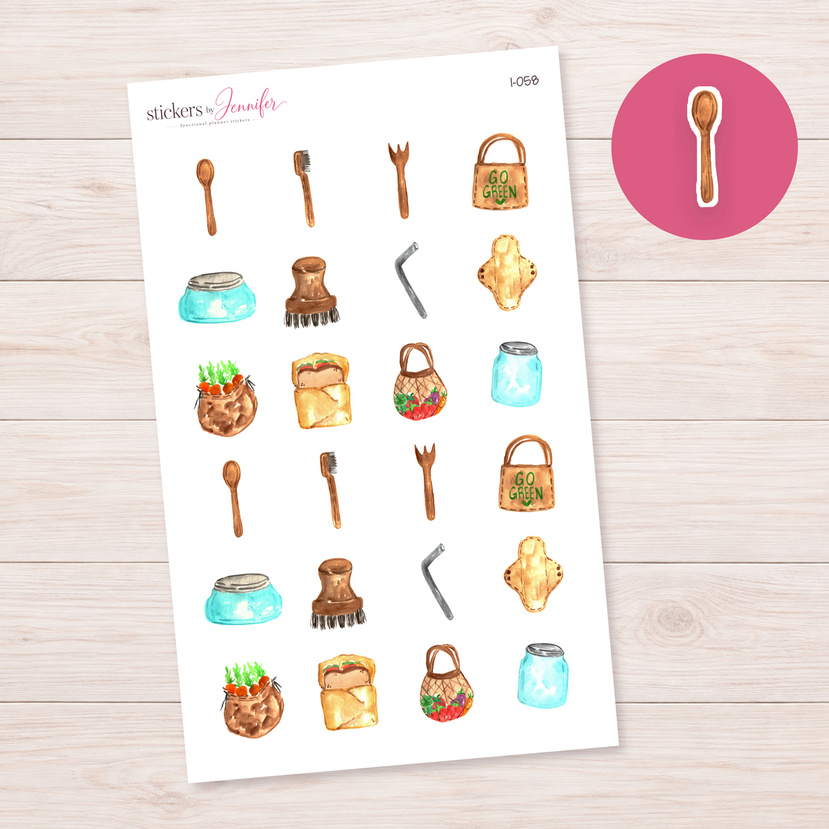 Watercolor Wooden Spoon Planner Stickers | I-058