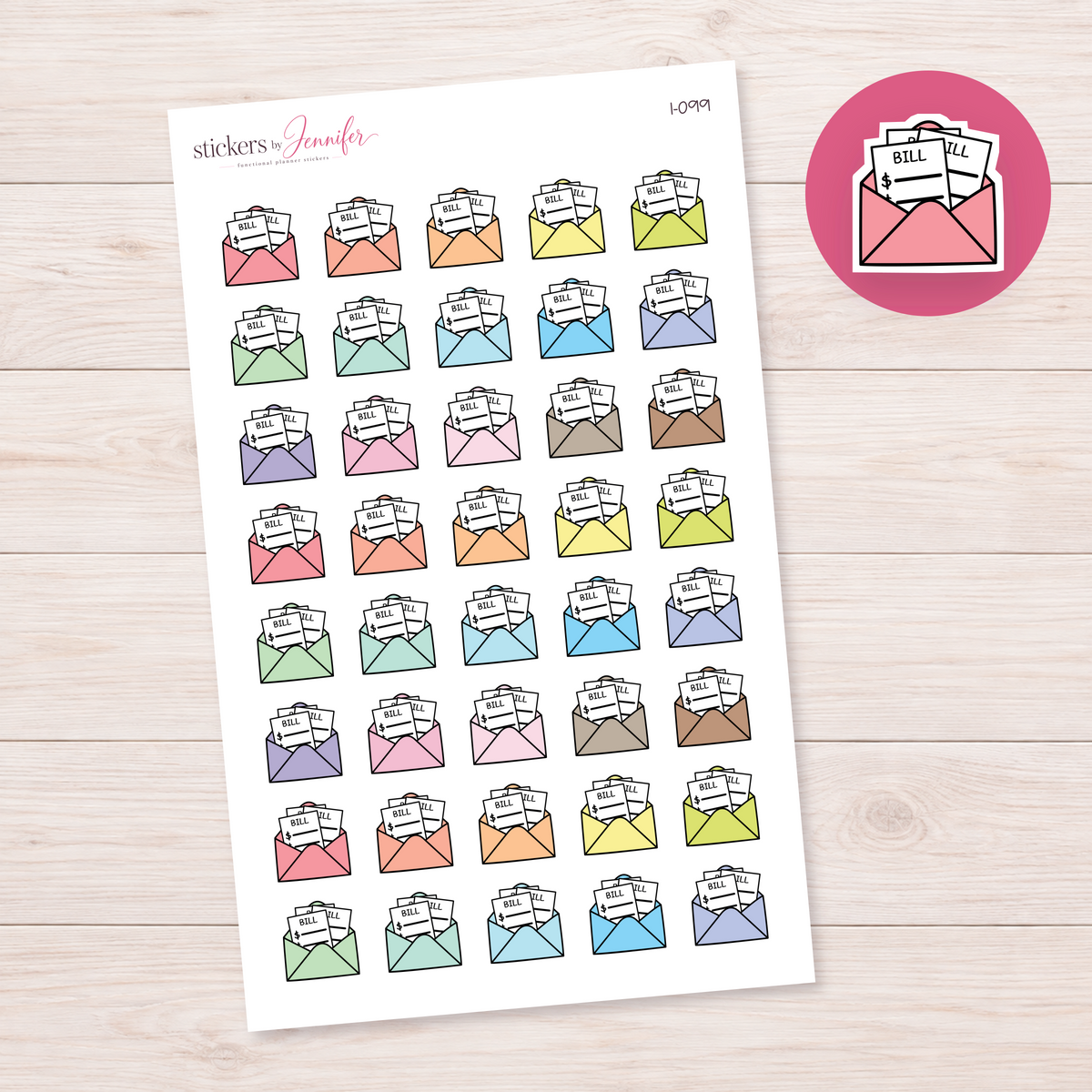Pink Bills Envelope Planner Stickers | I-099