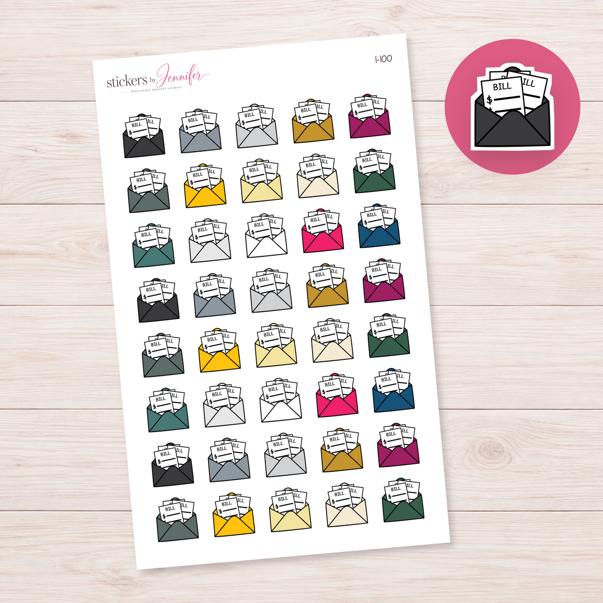 Black Bills Envelope Planner Stickers | I-100