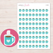 Teal Heart Coffee Mug Planner Stickers | I-10000 — 5 × 7 inch sheet and enlarged sticker detail