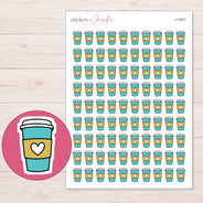 Teal Takeaway Cup with Heart Sleeve Planner Stickers | I-10001 — 5 × 7 inch sheet and enlarged sticker detail