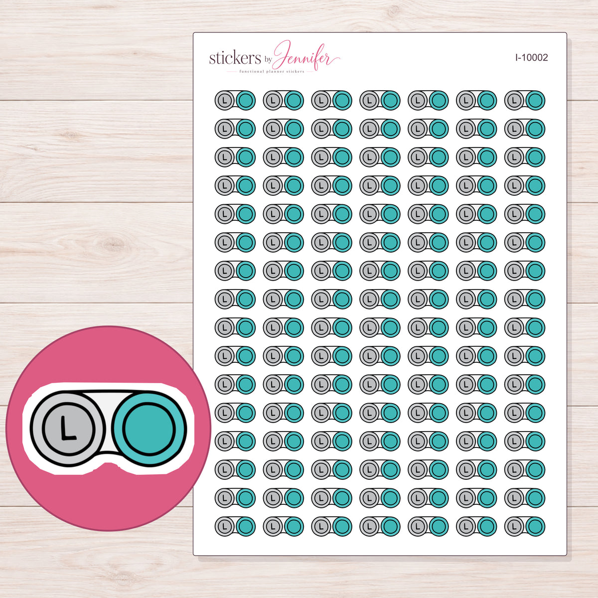 Teal Contact Lens Case Planner Stickers | I-10002 — 5 × 7 inch sheet and enlarged sticker detail