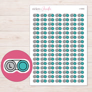 Teal Contact Lens Case Planner Stickers | I-10002 — 5 × 7 inch sheet and enlarged sticker detail