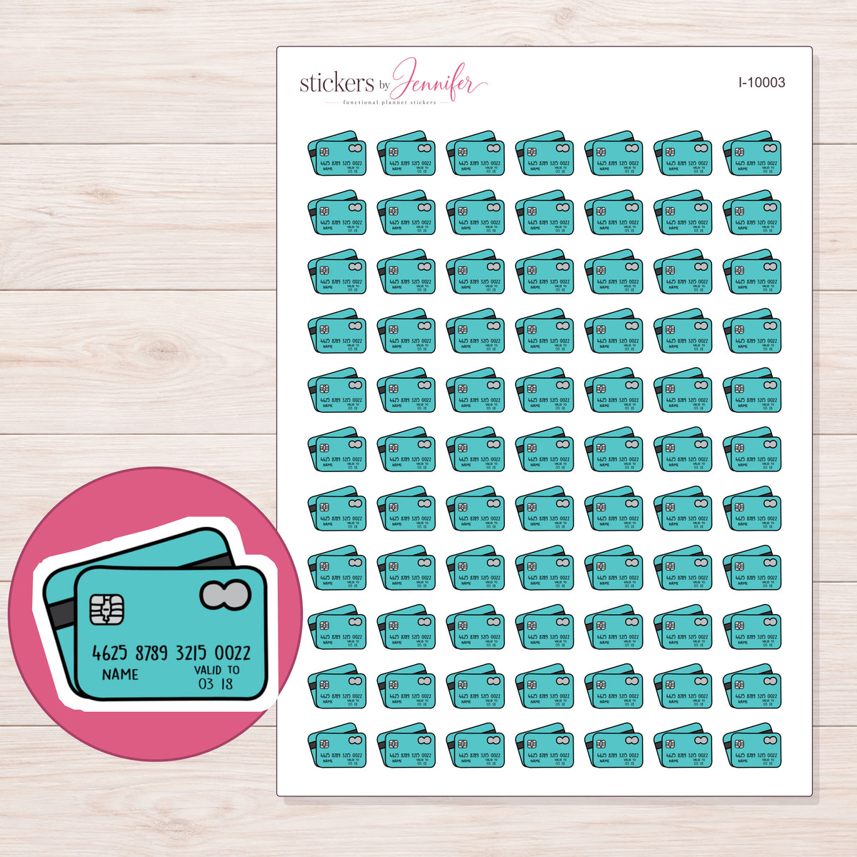 Teal Credit Cards Planner Stickers | I-10003 — 5 × 7 inch sheet and enlarged sticker detail