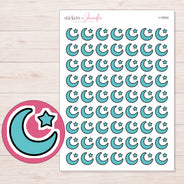 Teal Crescent Moon and Star Planner Stickers | I-10004 — 5 × 7 inch sheet and enlarged sticker detail