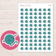 Teal Yarn Ball and Crochet Hook Planner Stickers | I-10006 — 5 × 7 inch sheet and enlarged sticker detail