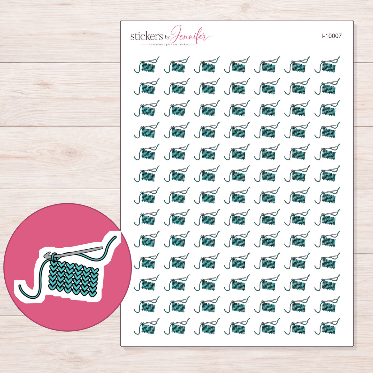 Teal Crochet Swatch Planner Stickers | I-10007 — 5 × 7 inch sheet and enlarged sticker detail