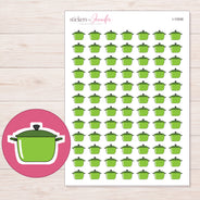 Green Lidded Cooking Pot Planner Stickers | I-10008 — 5 × 7 inch sheet and enlarged sticker detail