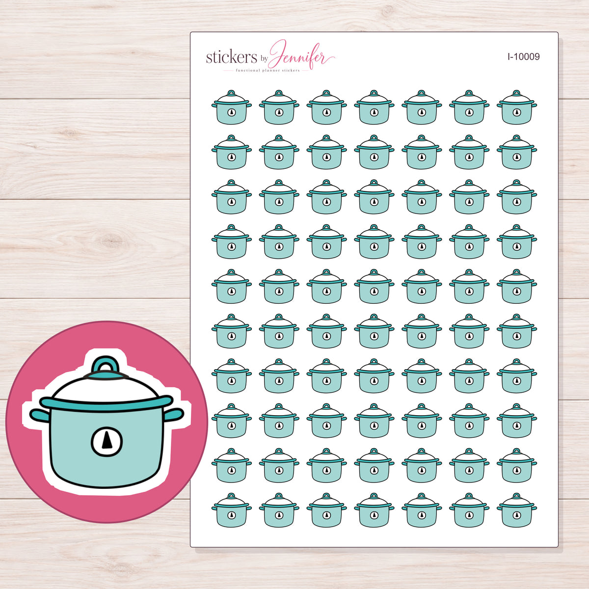 Pale Teal Slow Cooker Planner Stickers | I-10009 — 5 × 7 inch sheet and enlarged sticker detail