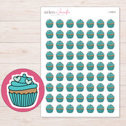 Teal Heart Cupcake Planner Stickers | I-10010 — 5 × 7 inch sheet and enlarged sticker detail