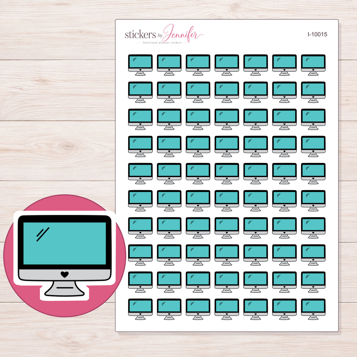 Teal Screen Desktop Computer Planner Stickers | I-10015 — 5 × 7 inch sheet and enlarged sticker detail