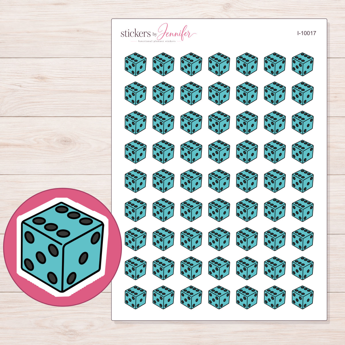 Teal Die Planner Stickers | I-10017 — 5 × 7 inch sheet and enlarged sticker detail