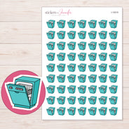 Teal Open Dishwasher Planner Stickers | I-10019 — 5 × 7 inch sheet and enlarged sticker detail