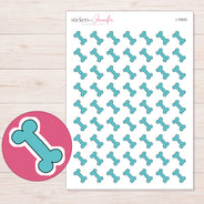Teal Dog Bone Planner Stickers | I-10020 — 5 × 7 inch sheet and enlarged sticker detail