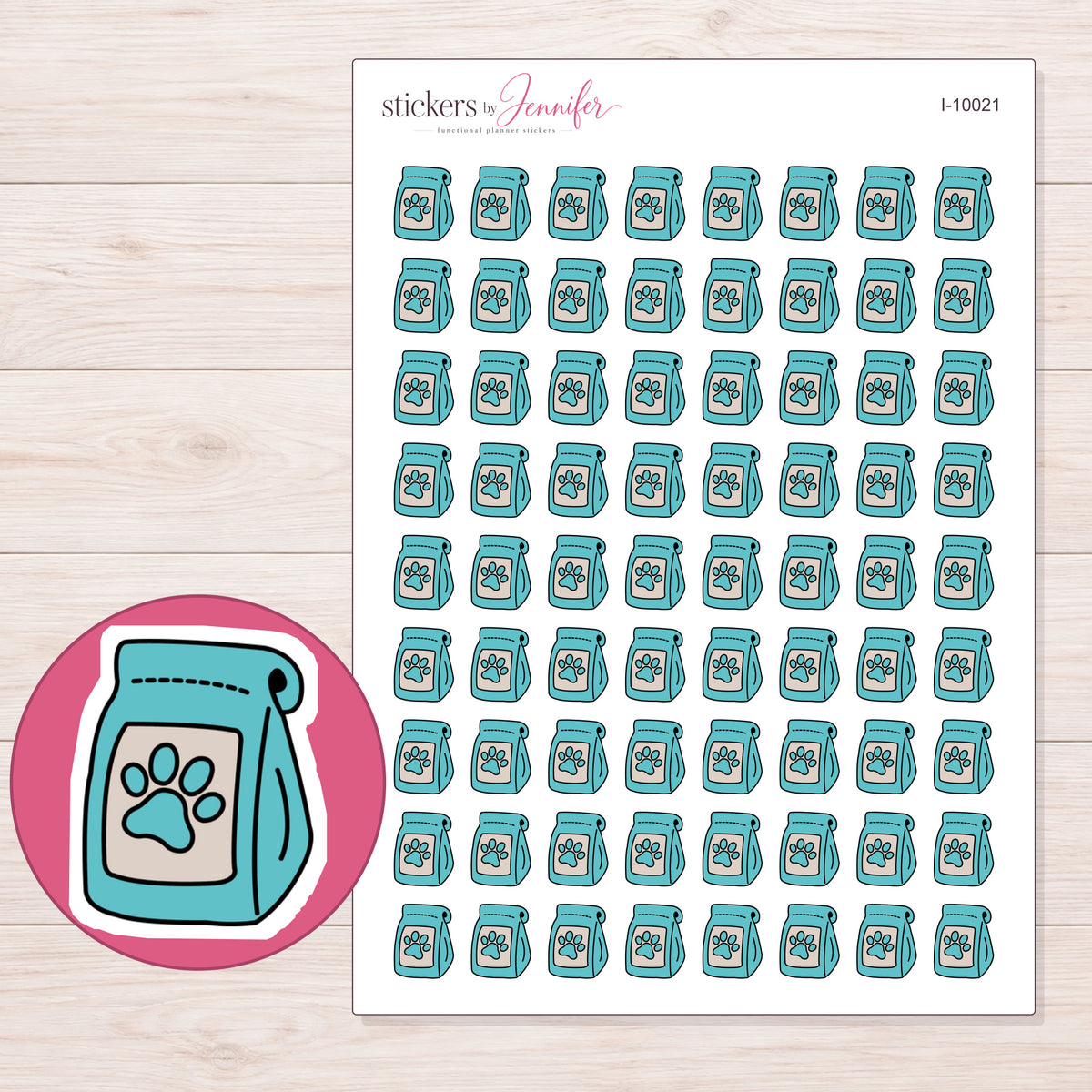Teal Dog Food Bag Planner Stickers | I-10021 — 5 × 7 inch sheet and enlarged sticker detail