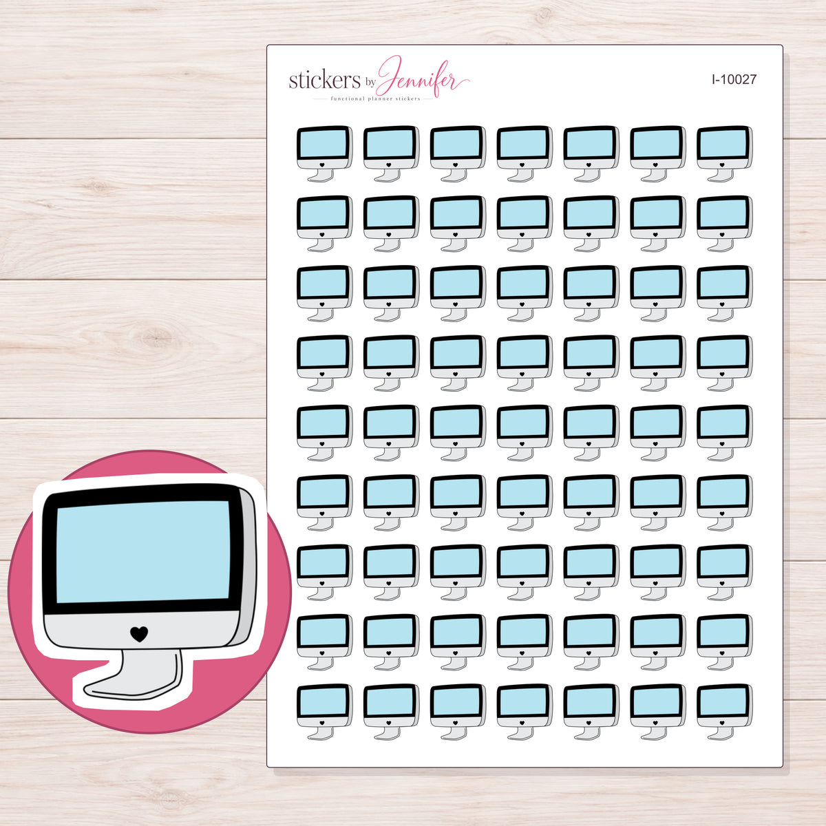 Pale Blue Screen Desktop Computer Planner Stickers | I-10027 — 5 × 7 inch sheet and enlarged sticker detail