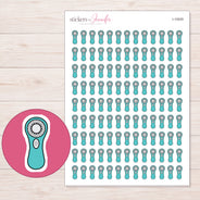 Teal Facial Cleansing Brush Planner Stickers | I-10029 — 5 × 7 inch sheet and enlarged sticker detail