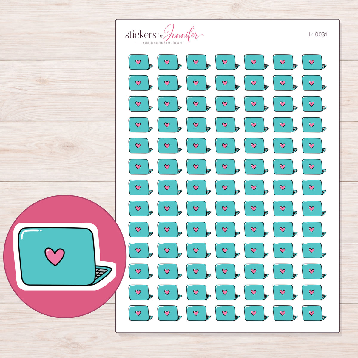 Teal Pink Heart Laptop Planner Stickers | I-10031 — 5 × 7 inch sheet and enlarged sticker detail