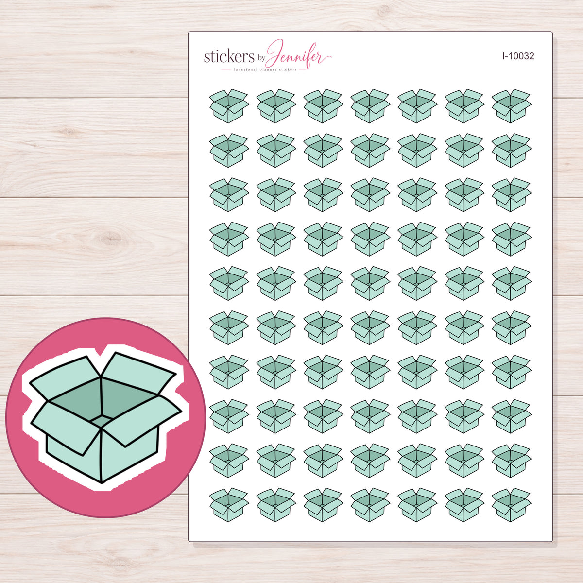 Mint Open Shipping Box Planner Stickers | I-10032 — 5 × 7 inch sheet and enlarged sticker detail