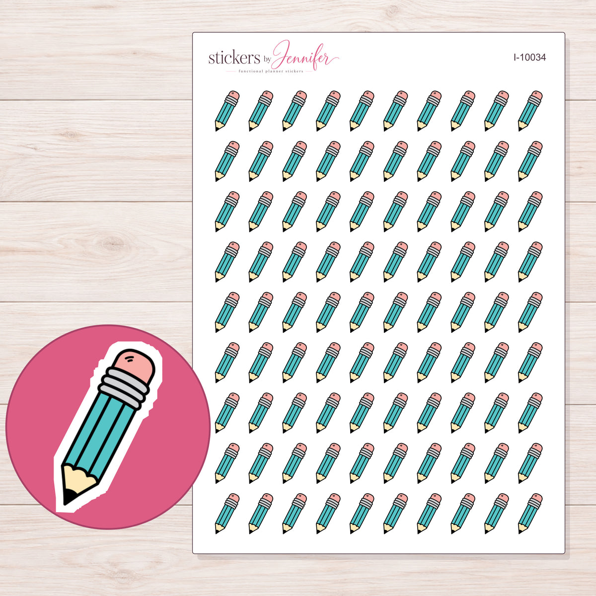 Teal Doodle Pencil Planner Stickers | I-10034 — 5 × 7 inch sheet and enlarged sticker detail