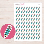 Teal Doodle Pencil Planner Stickers | I-10034 — 5 × 7 inch sheet and enlarged sticker detail